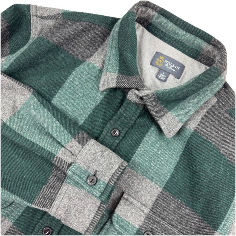 WALLIN & BROS Mens Long Sleeve Button Wool Shirt Plaid Green/Grey L Shacket